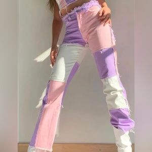 Y2K trendy colorful patchwork jeans XS